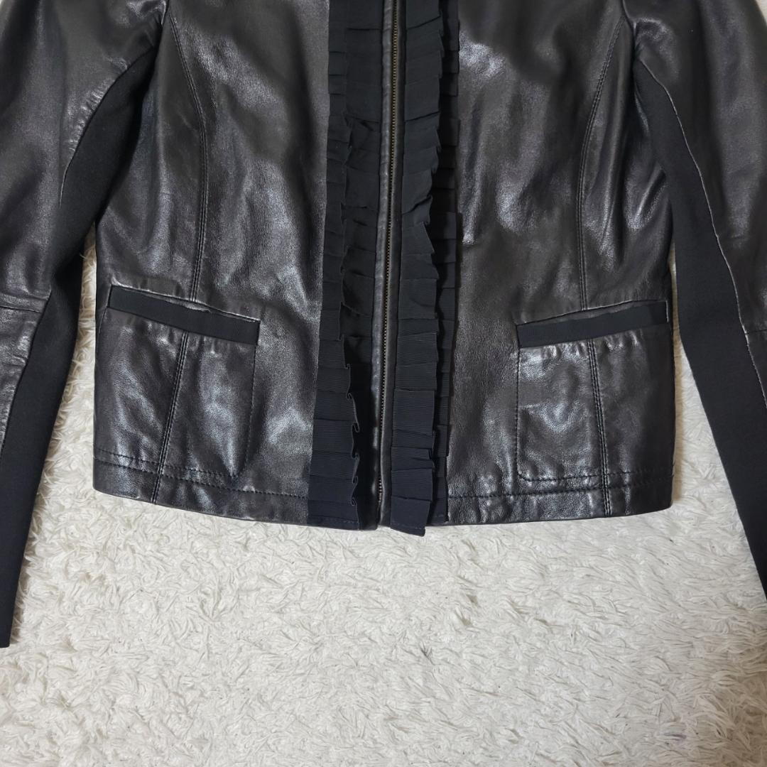 マックスマーラノーカラージャケットラムレザーフリル2XL相当ブラック