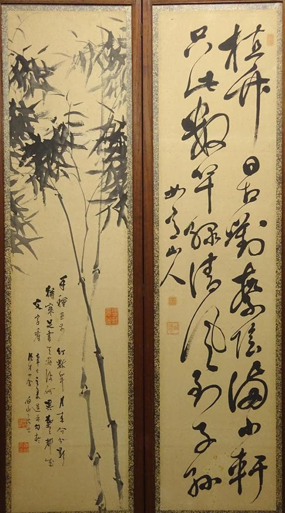 畫】 ☆ 書画 松竹梅図六曲衝立 ☆ 明治期 白山居士絵 肉筆真作 紙本