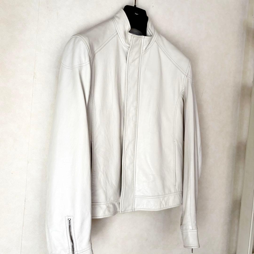 美品】Zegna スタンドカラーシングルレザージャケット ホワイト白 革