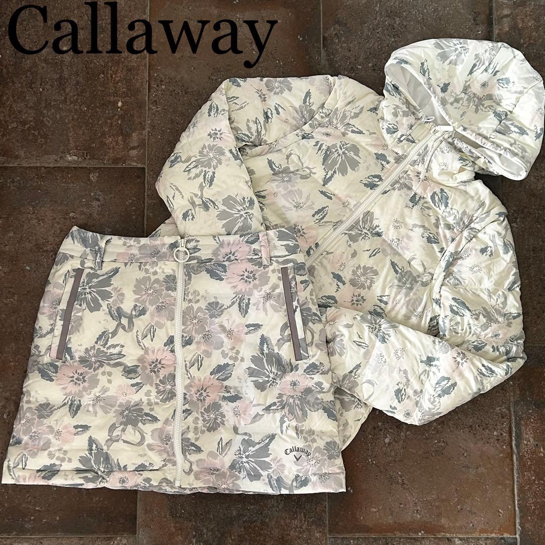 Callaway花柄　セットアップ　ダウン　スカート 総柄　上下セット Callaway（キャロウェイ） ダウンスカート ダークネイビー×グレー 花柄