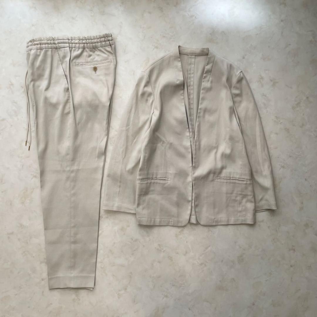 BY　洗える オックスフォードカラーレスジャケット　パンツ　セット　スーツ　M フロリア Flolia 洗える スーツ セットアップ パンツスーツ ノーカラー