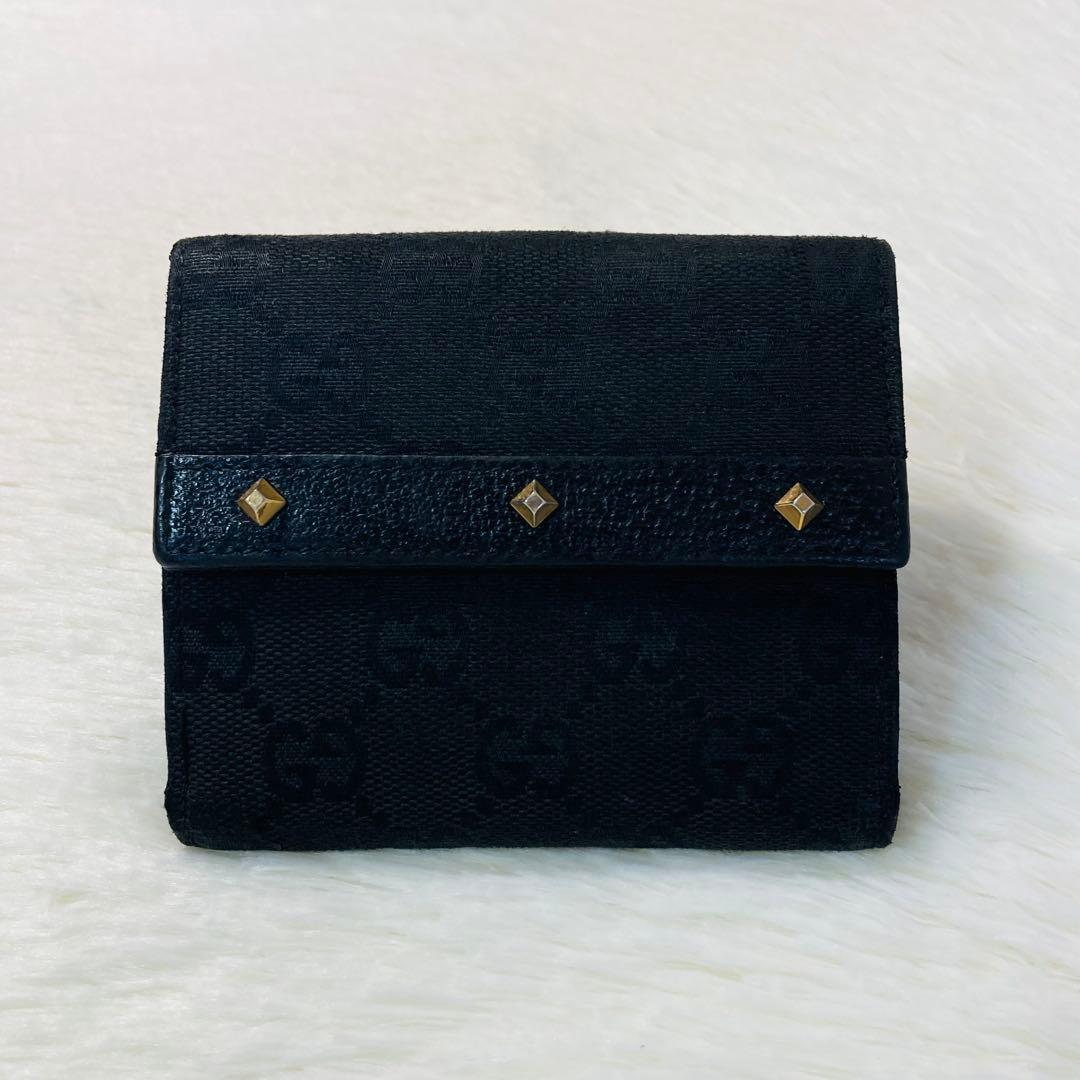 早い者勝ち　GUCCI グッチ　二つ折り　キャンバス　GG 黒　スタッズ　希少 GG GUCCI グッチ 143384 GGキャンバス 二つ折り財布 ブラック＜USED