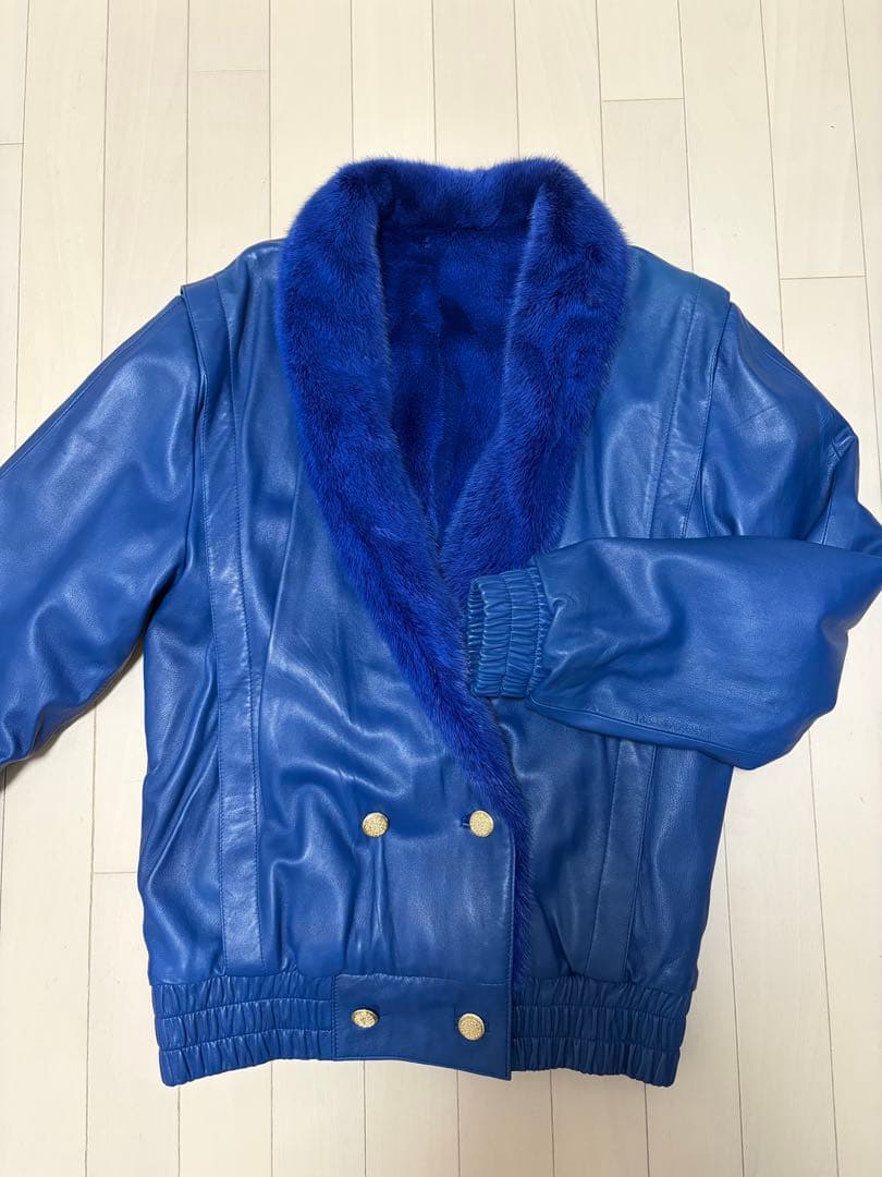 ミンクファー ラムレザー リバーシブル ジャケット ブルゾン Mサイズ ブルー 半額 会員価格適用外】メンズラムレザー＆ミンクリバーシブル