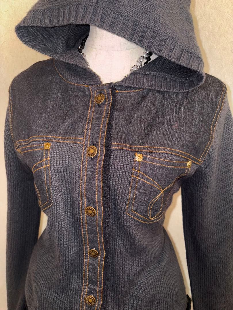 レア⭐︎平成ギャルarchiveニットデニムドッキングパーカー フルボタンy2k