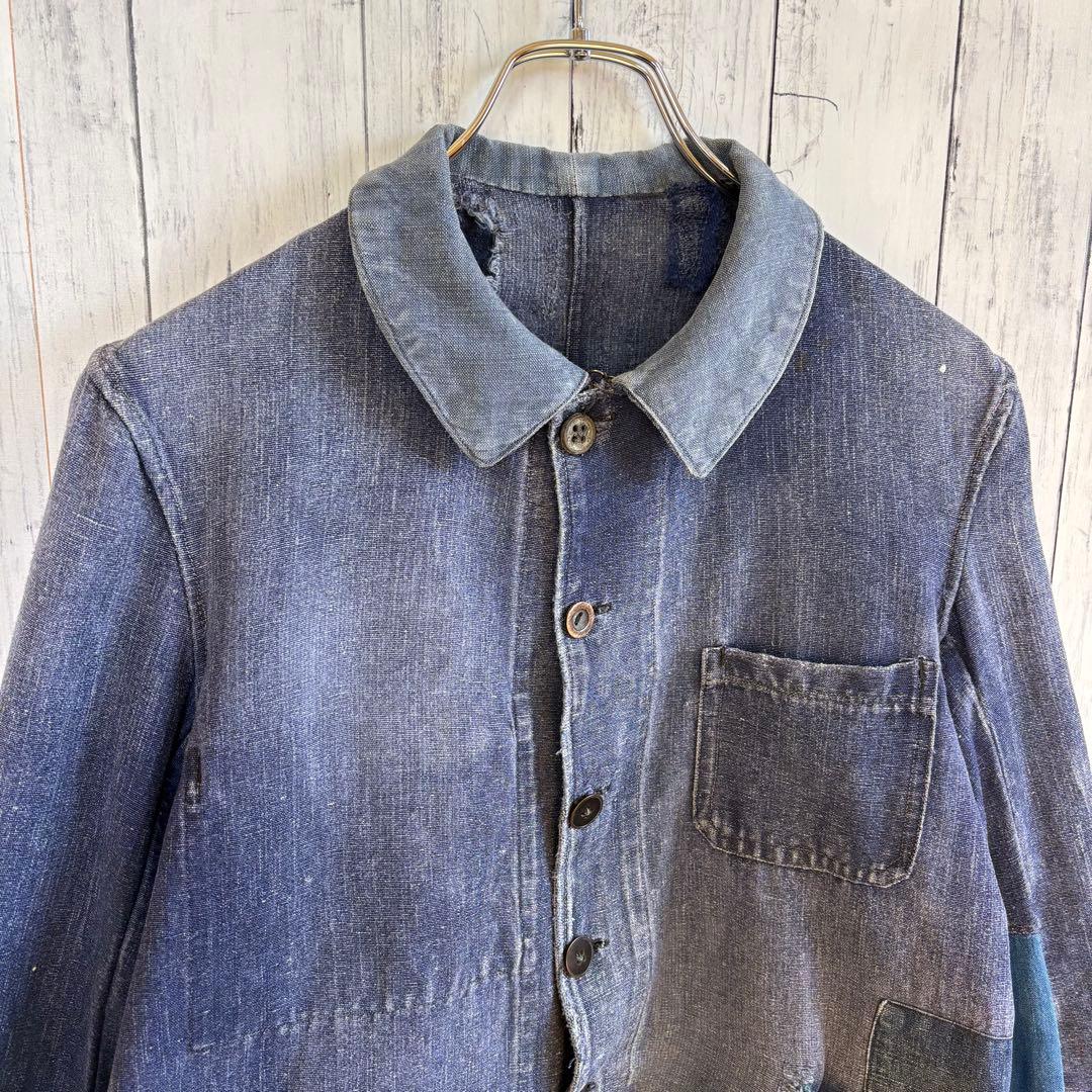 40s フレンチ インディゴリネン カバーオール ワークジャケット ユーロ