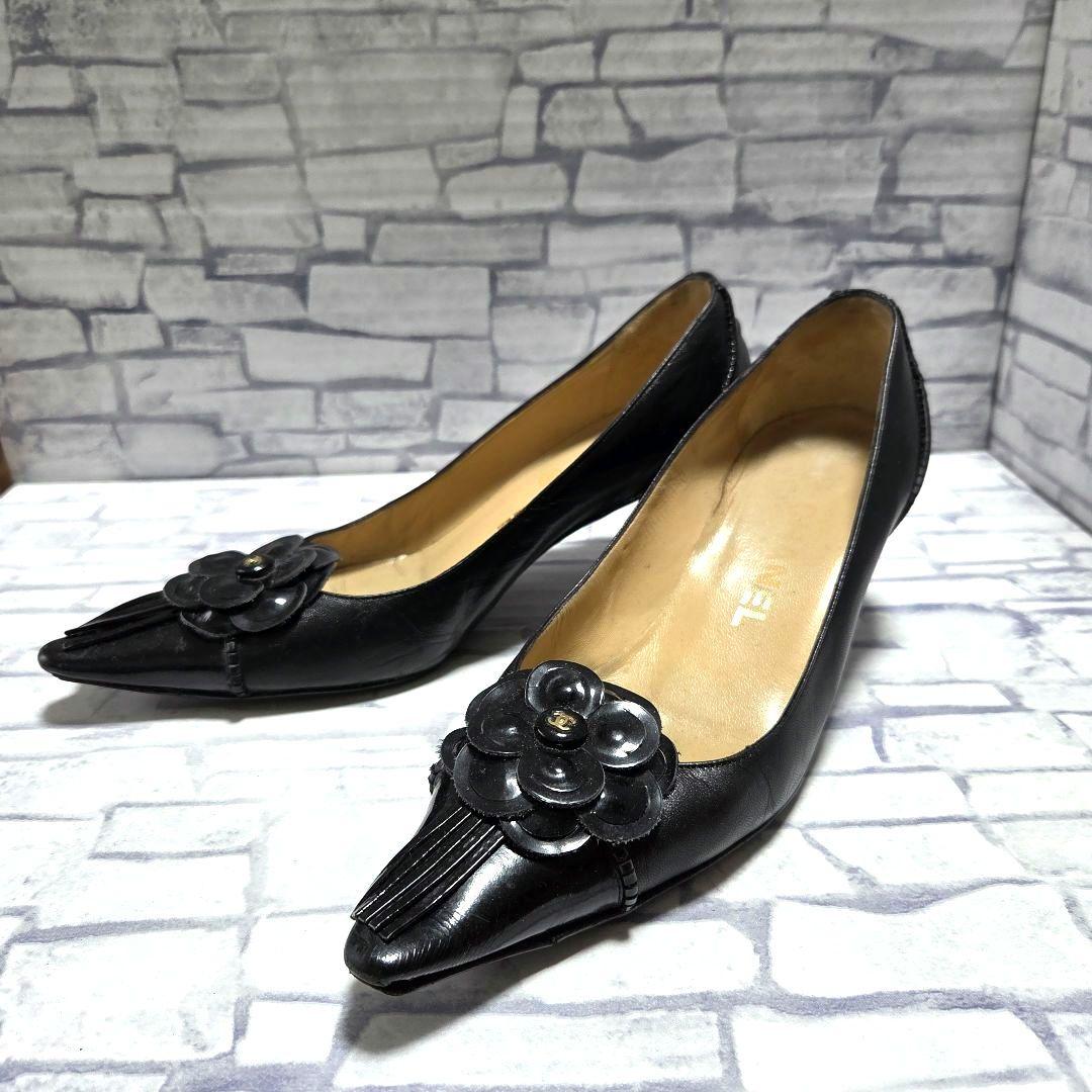 【CHANEL】カメリア＆タッセル ポインテッドトゥ パンプス 36 黒 レザー Rental Little Black Dress ten. / シャネル カメリアレザーパンプス