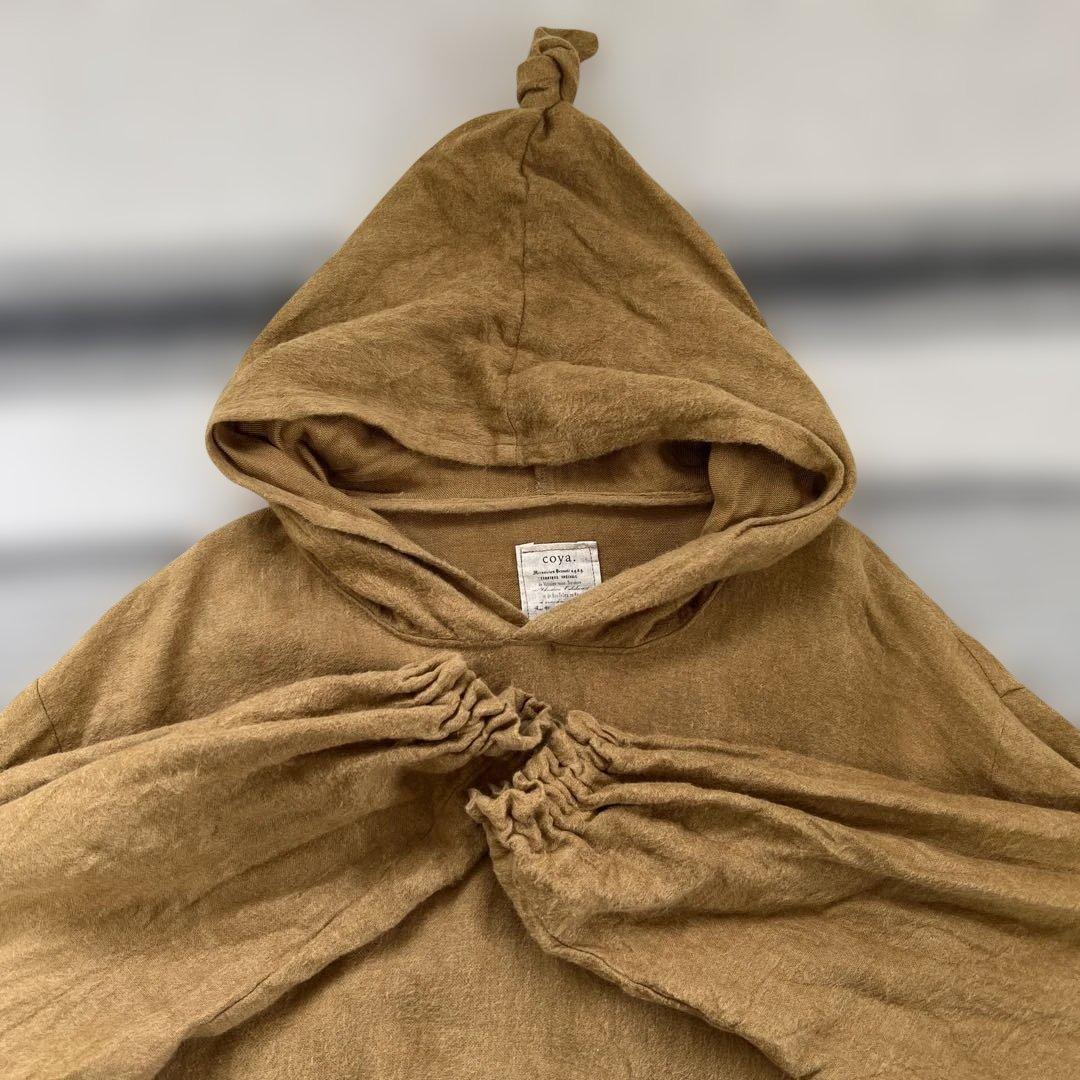 ハンドメイド作家　pocchiフードプルオーバー リネン起毛　キャメル ベビーキャメル100% クルーネックニット プルオーバー ラグジュアリー