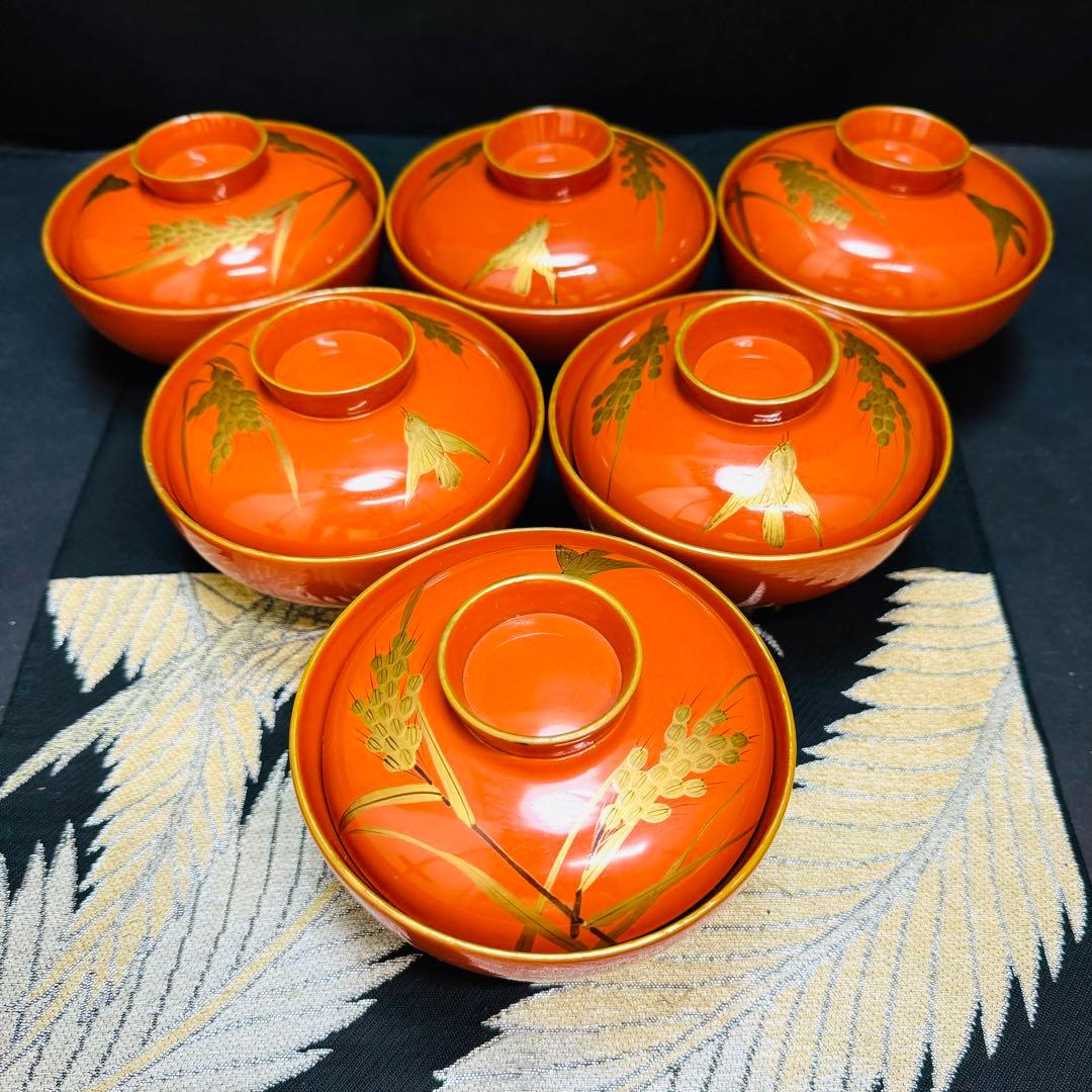 漆器 輪島塗 沈金 金蒔絵 木製 蓋付椀 お煮物椀 吸物椀 6客 骨董