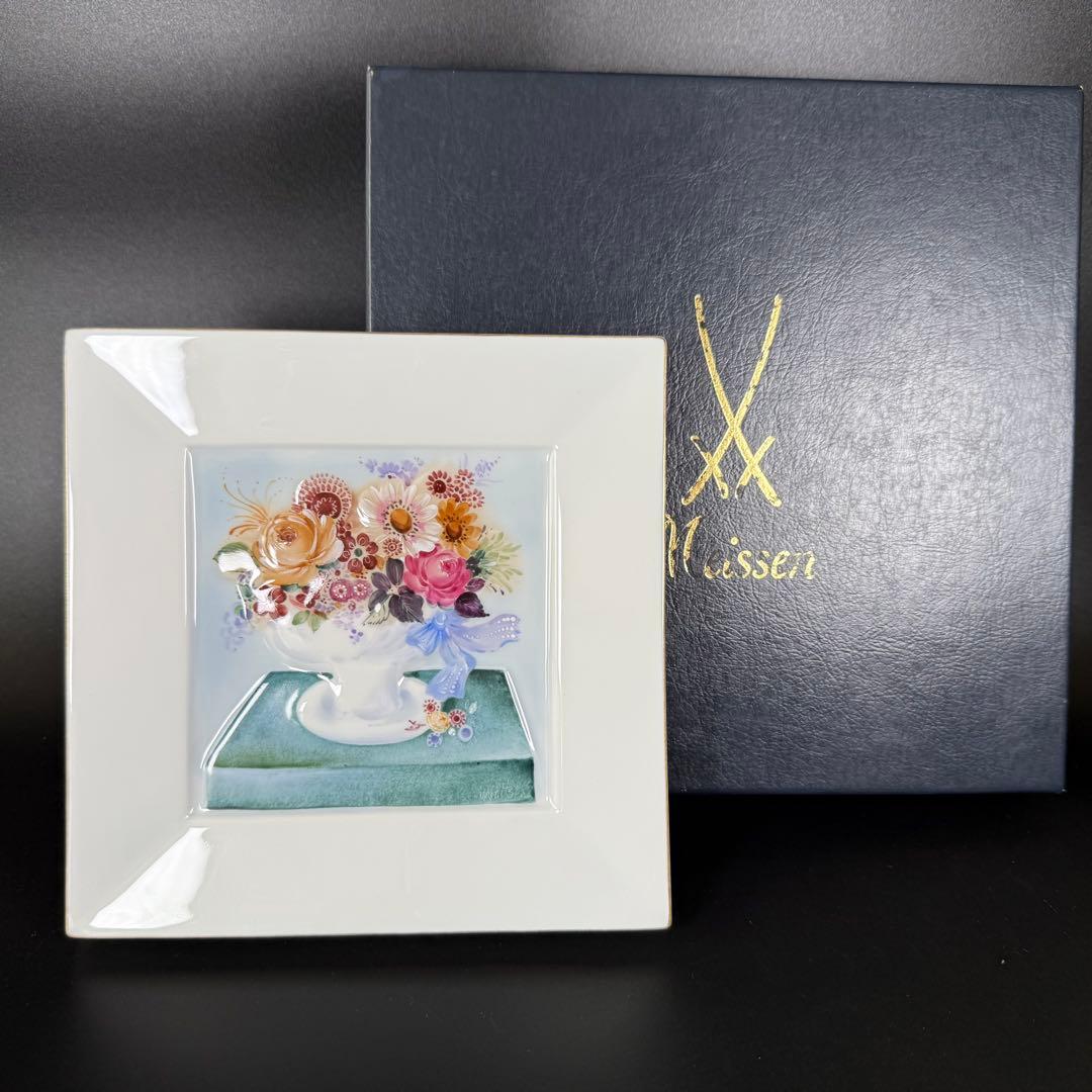 マイセン】卓上の果実花文陶板画マイセン】陶板画・卓上の果実花文