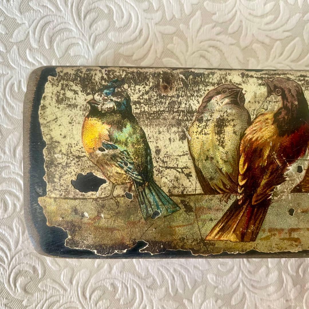 パピエマシェ小鳥柄ペンケース 筆箱 フランスアンティーク 雀 スズメ