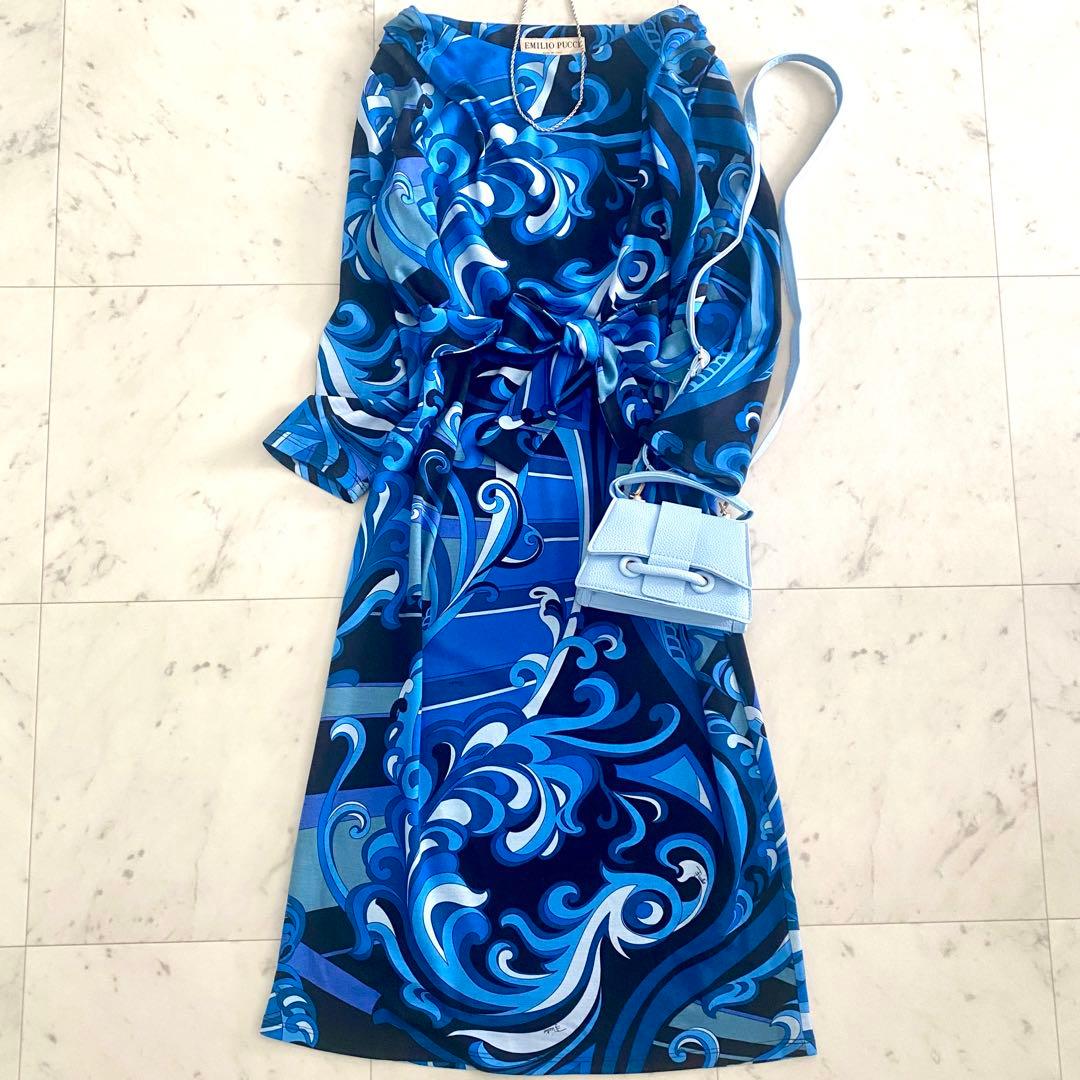 美品 エミリオプッチ 2WAYロゴ入りプッチ総柄ワンピース リボンベルト