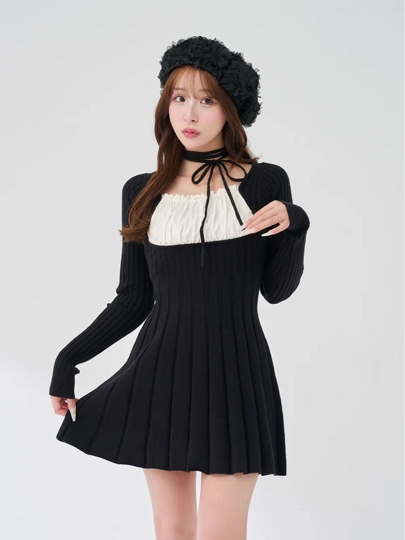 Darich ネックリボンデザインフレアニットミニワンピースFREE/BLACK Darich（ダーリッチ） ワンピース ネックリボンデザインフレアニット