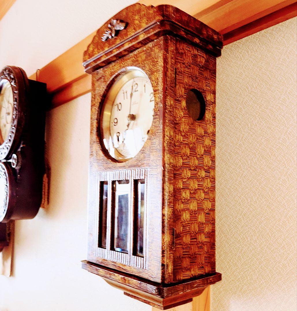 完動・美品〉S.MIZU 特殊技法刷毛目塗 宮型ゼンマイ振り子時計 古時計