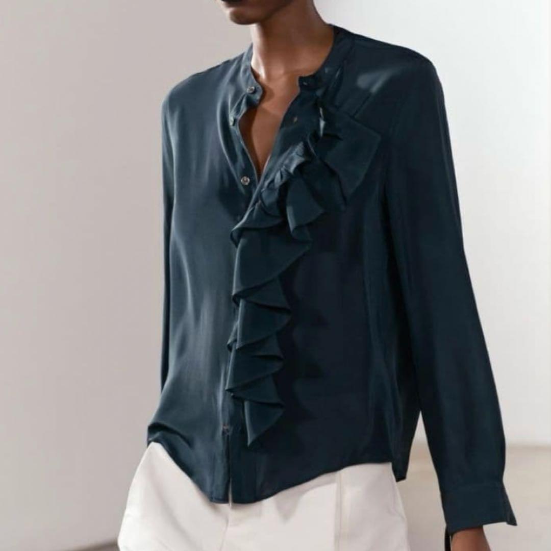 ZARA ザラ 訳あり ダークブルー フリル付き シャツ ブラウス 長袖 M