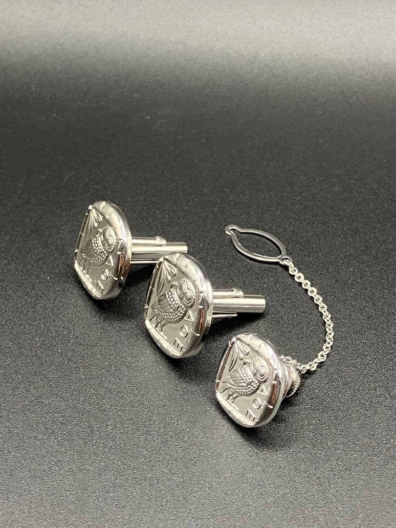 未使用】造幣局製 SV シルバー フクロウ カフリンクス タイピン セット