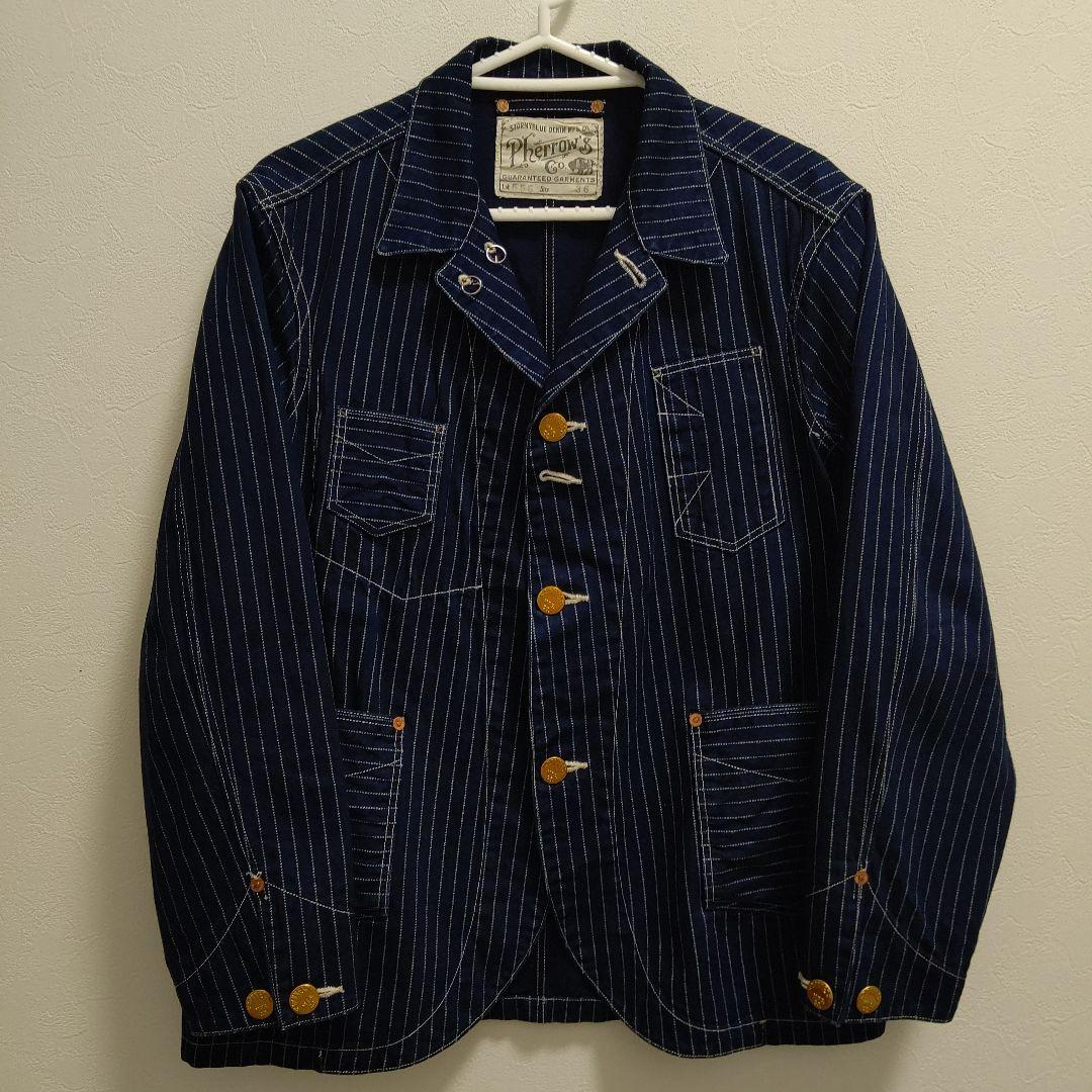Pherrow's ネイビー ストライプ デニム カバーオール Pherrow's（フェローズ） カバーオール 555CA ウォバッシュ ストライプ