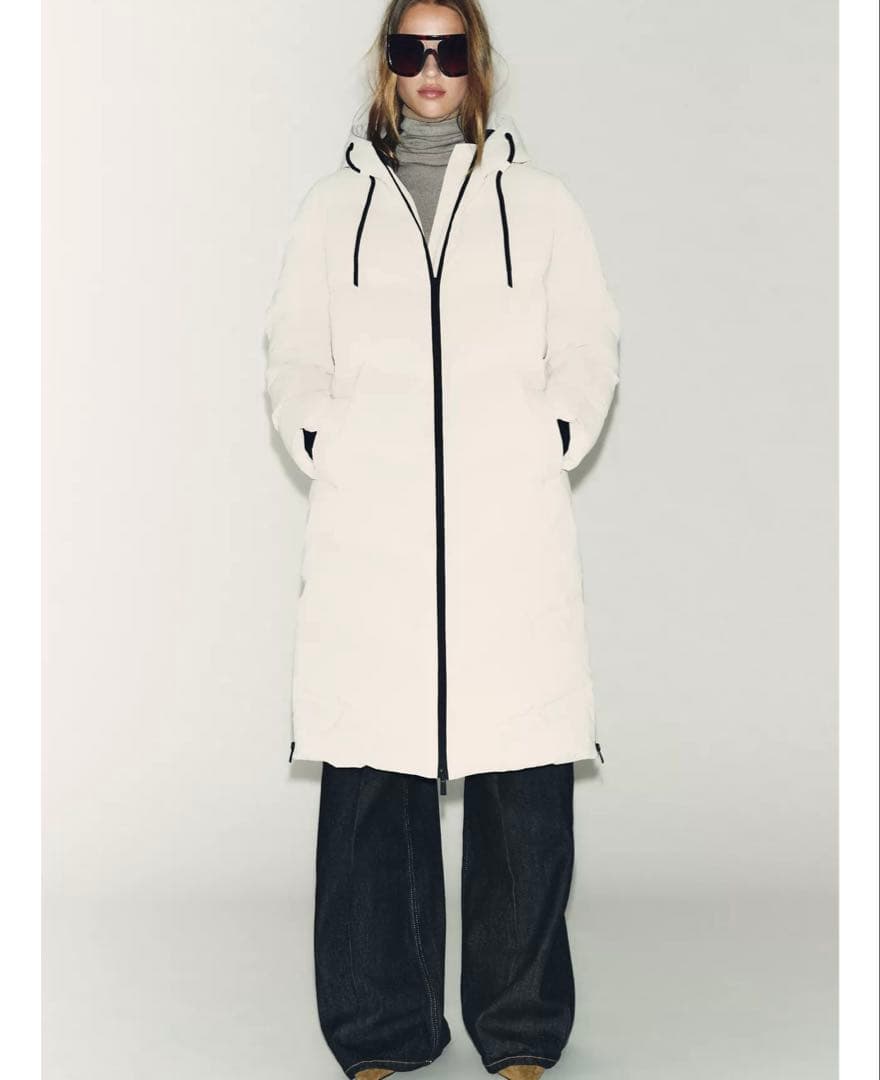 ZARA ウィンドプルーフフード付きロングラバー加工アノラック XS 新品