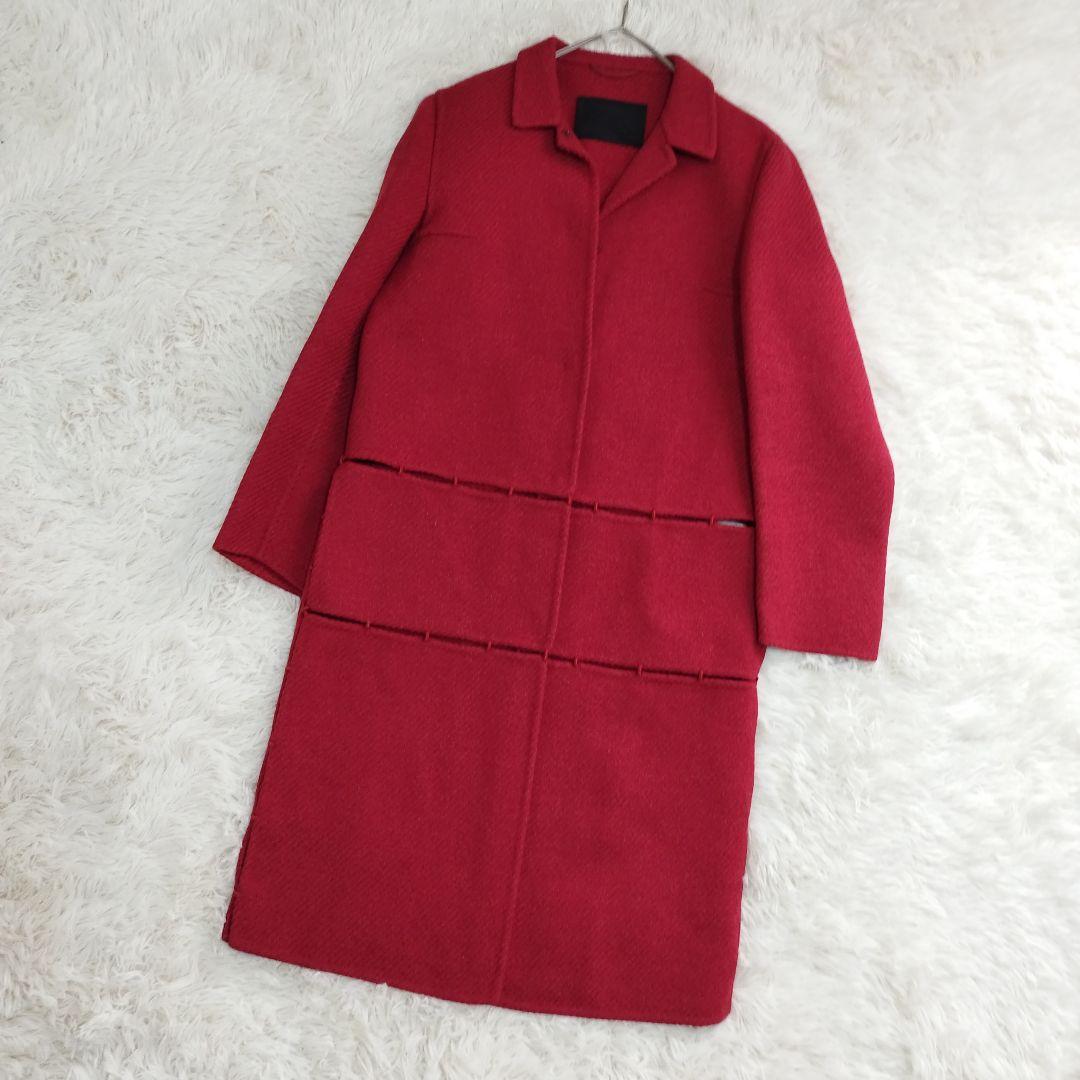 18376✨プラダ ウール ヘリンボーン ダブルフェイス リバーコート レッド リバーショールカラーミドルタケコート|allureville OFFICIAL SITE