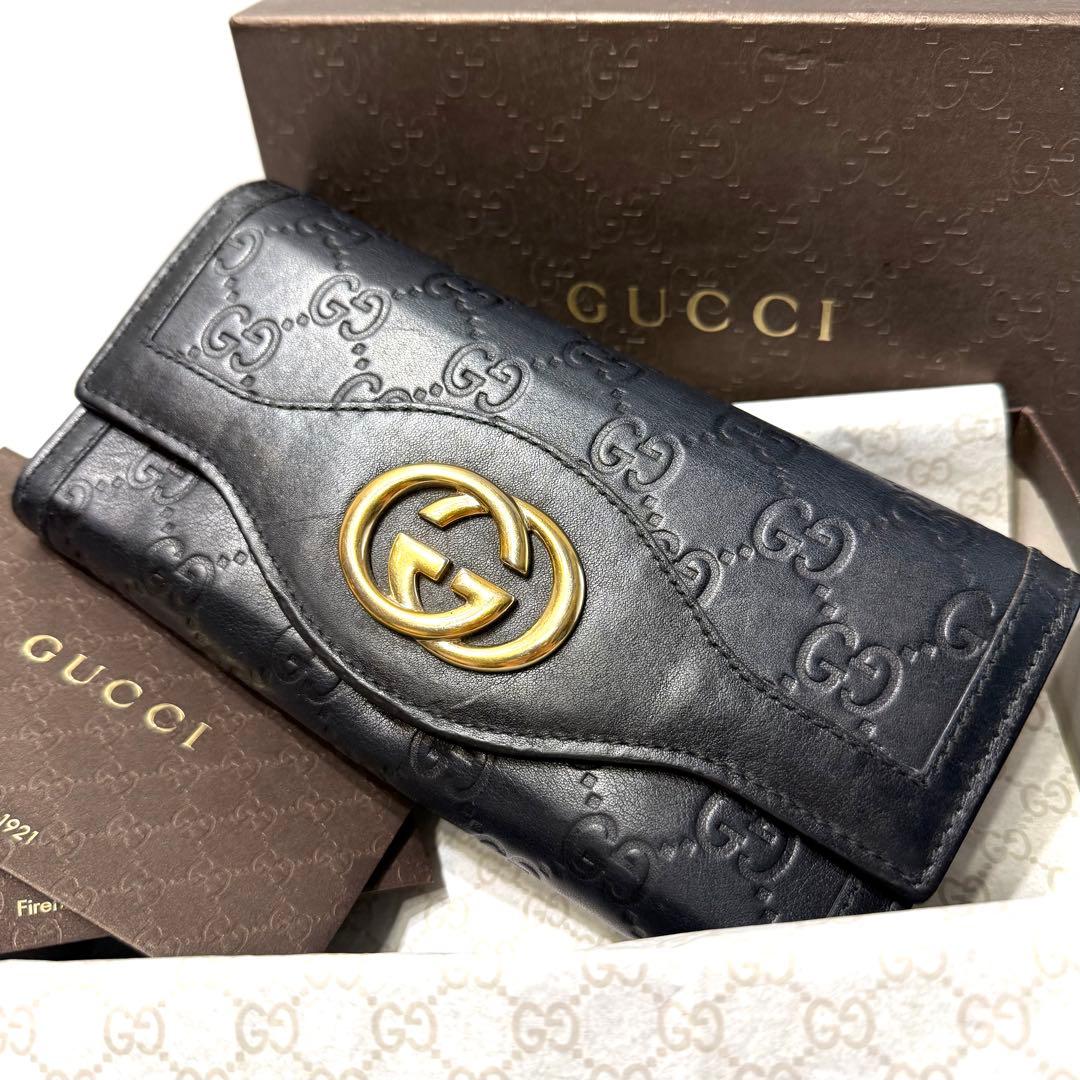 美品☆GUCCI 長財布 シマ インターロッキング フラップ 箱付き ブラック 関税込み】 ☆GUCCI☆ ロゴ インターロッキング レザー 長財布 (GUCCI