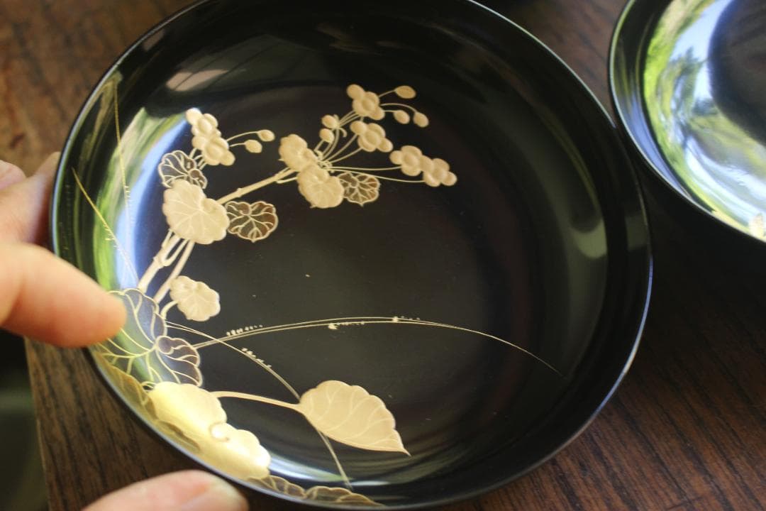 時代逸品！時代黒漆に極上草花蒔絵の映えるお椀7点（検輪島塗蒔絵椀