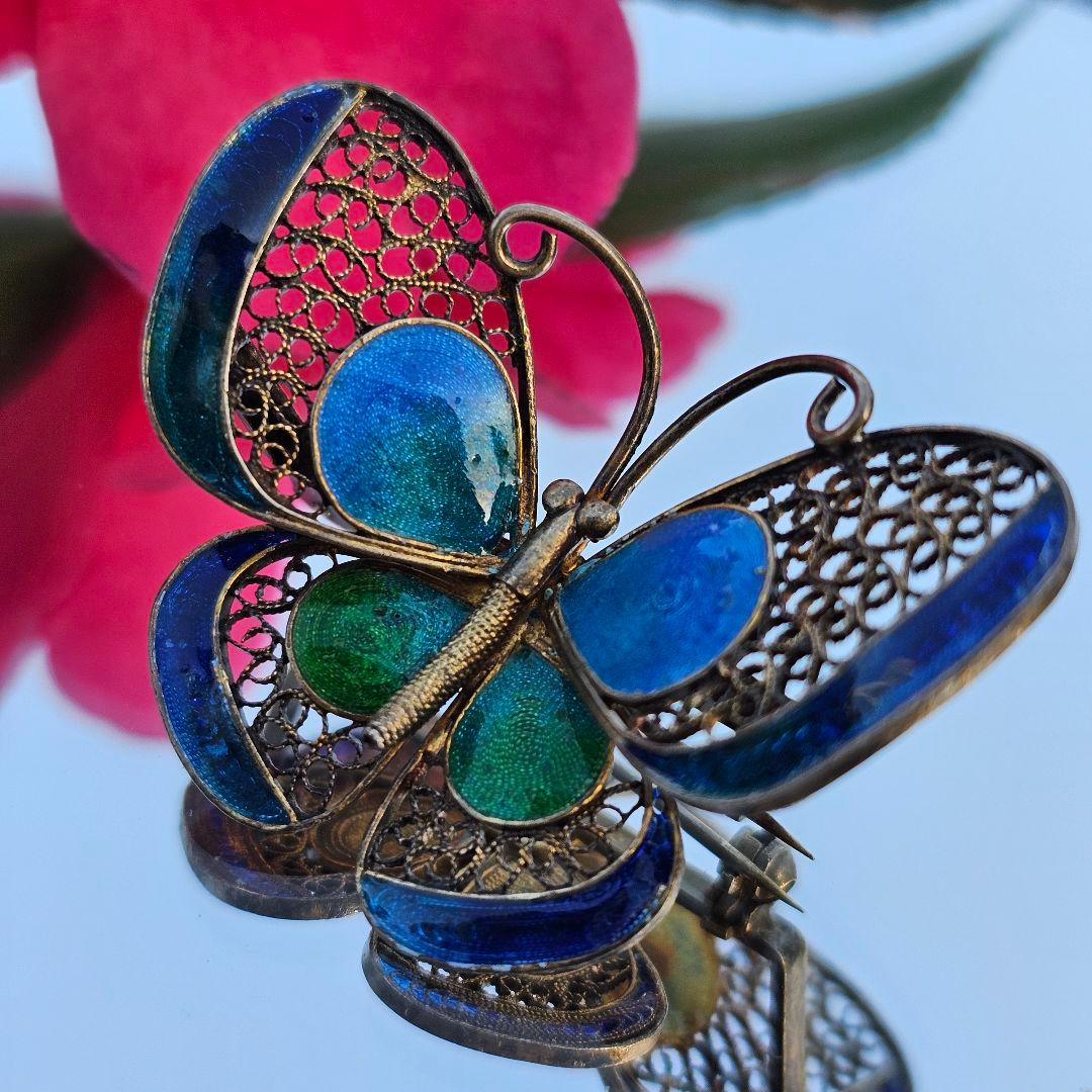 268 中国七宝 銀線細工 蝶々 ヴィンテージブローチ フィリグリー