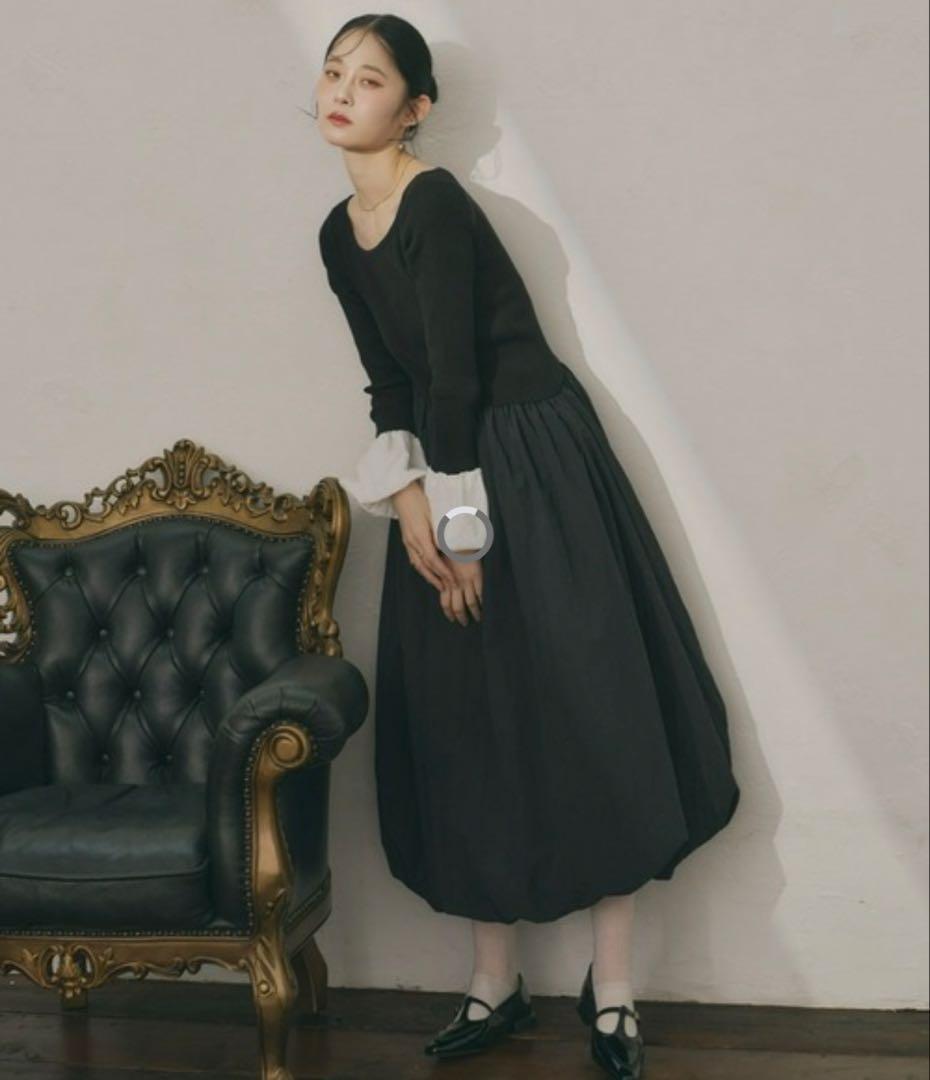 Olu. オルドット ニットドッキングバルーンワンピース black ニットドッキングバルーンワンピース（ワンピース）｜Olu.（オルドット