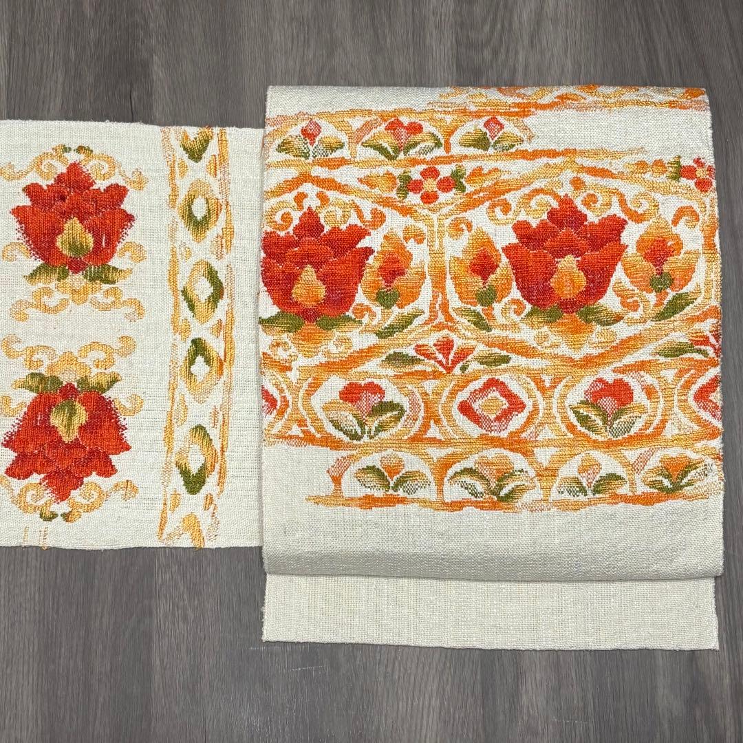 八寸名古屋帯 西陣織 真綿紬 正絹 白 中古 花so334 - メルカリ