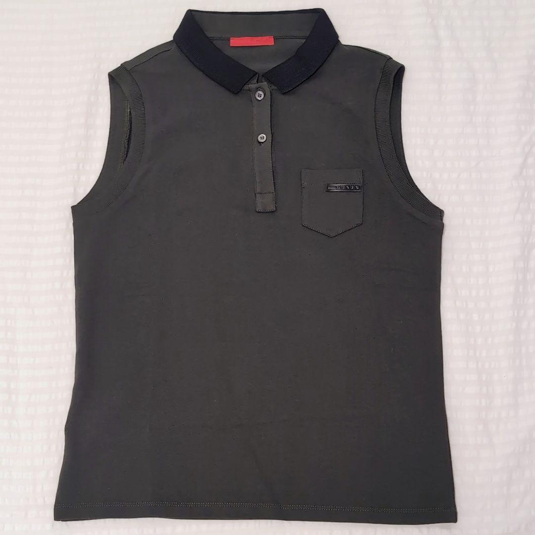 PRADA ノースリーブポロシャツ カーキ×ブラック　S Bottle Green Cotton T-shirt | PRADA