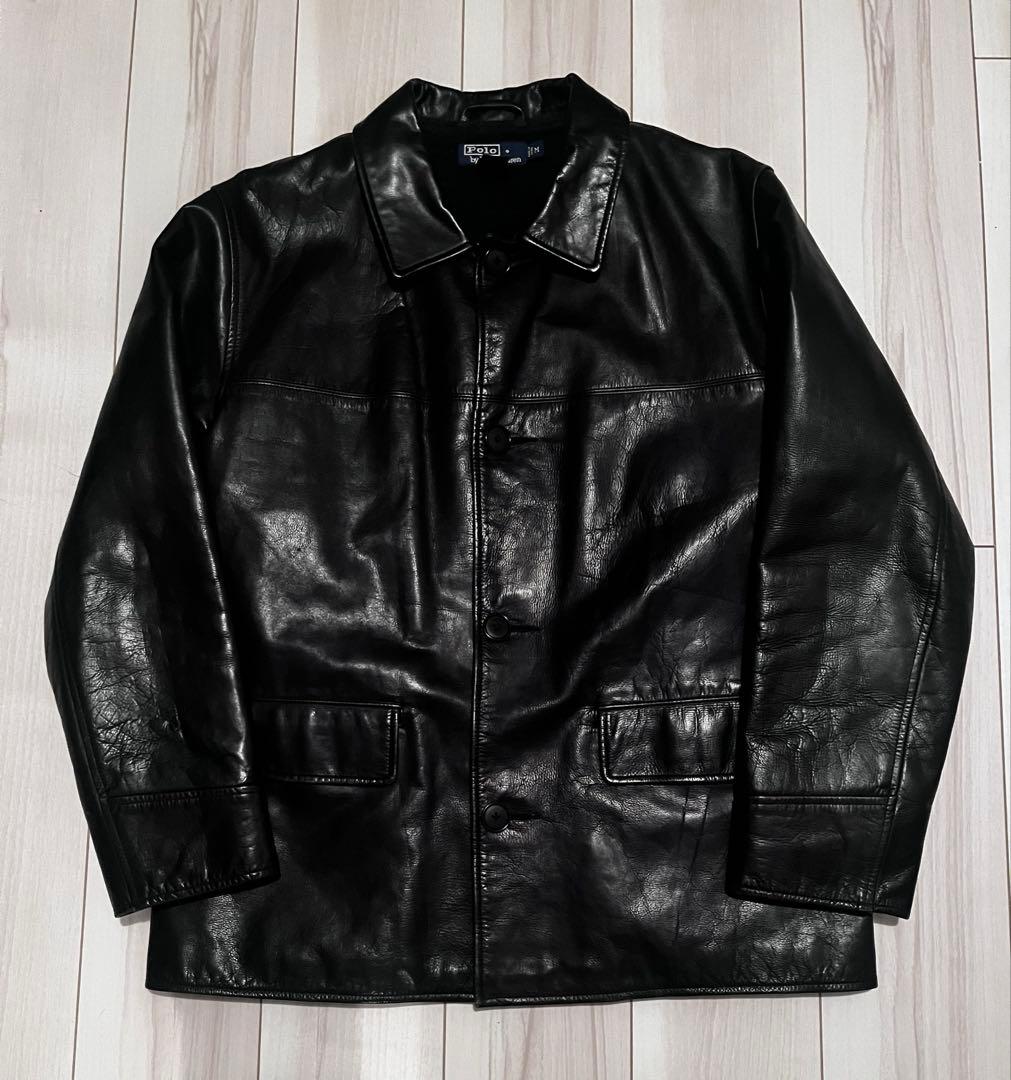 希少サイズ 90s ラルフローレン レザー カーコートM ブラック 黒