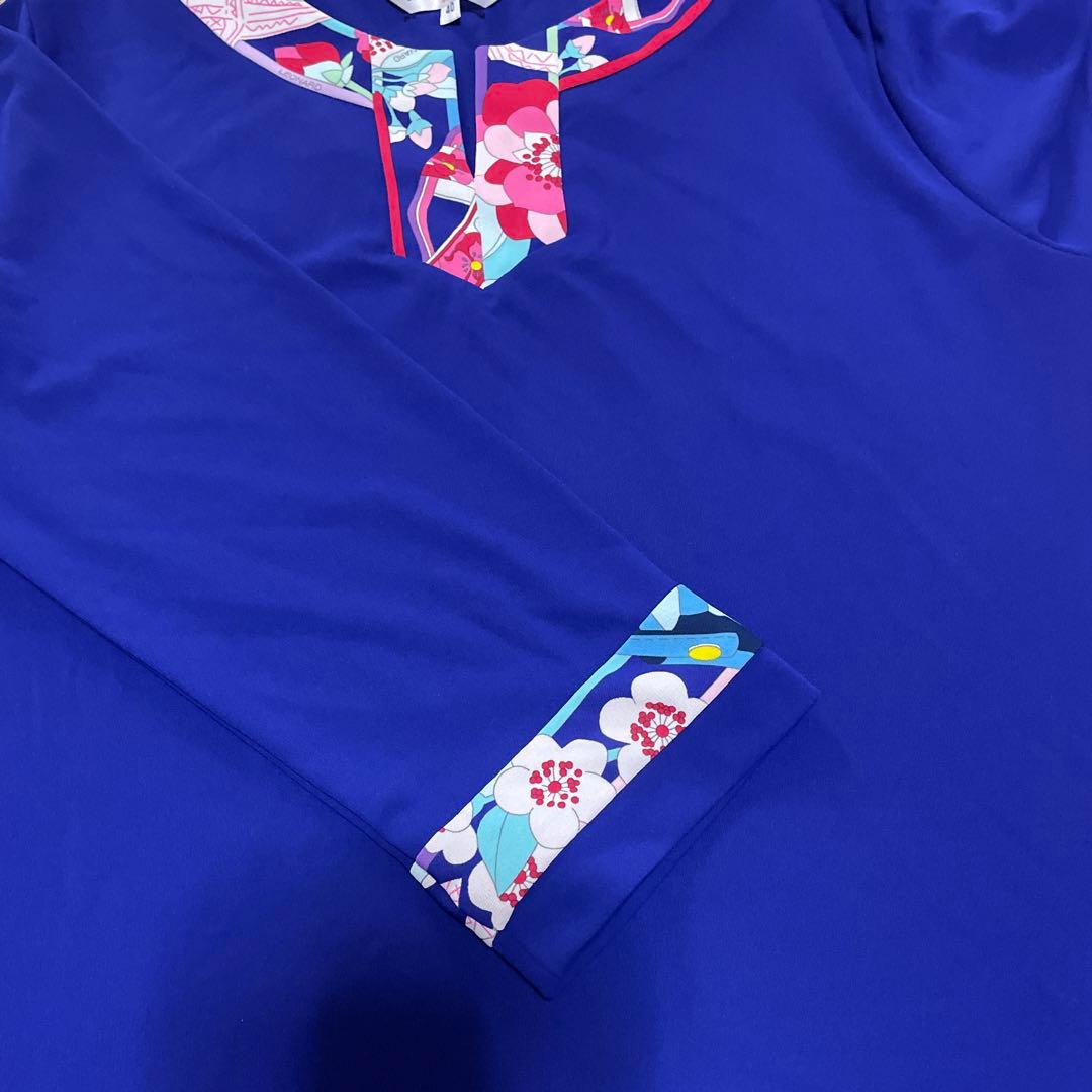 美品 LEONARD 花柄 フラワー 七分袖 トップス ブルー系 チュニック