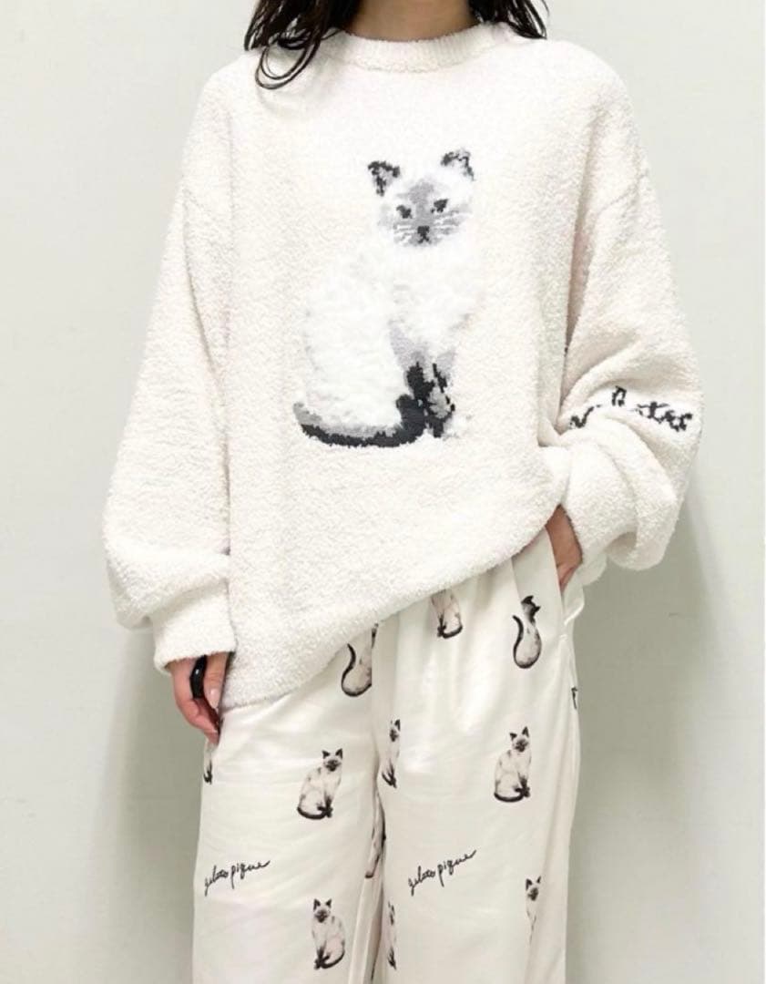 ジェラートピケ ネコジャガードプルオーバー&ロングパンツ シャム猫