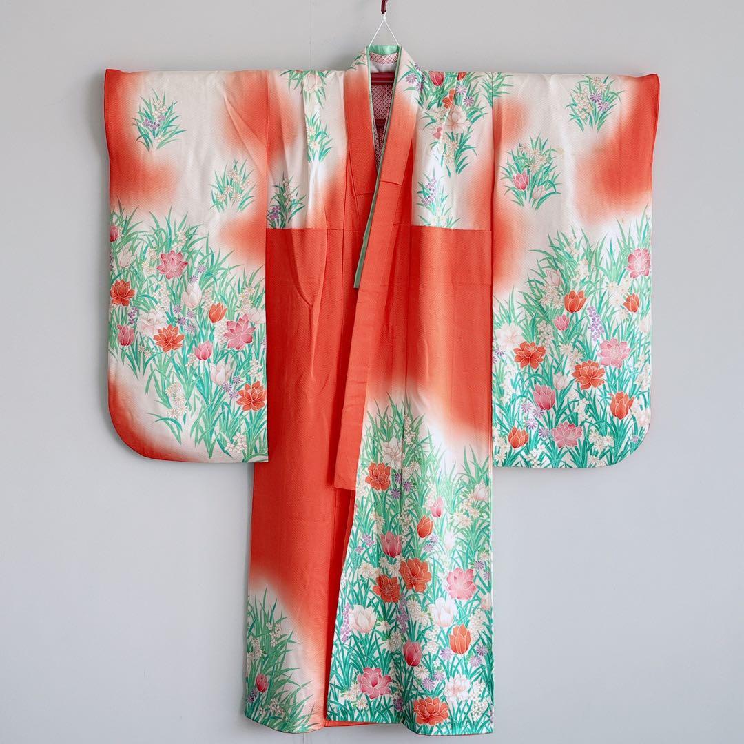 フルセット七五三7歳女の子 オレンジ地チューリップ 黒地袋帯鳳凰