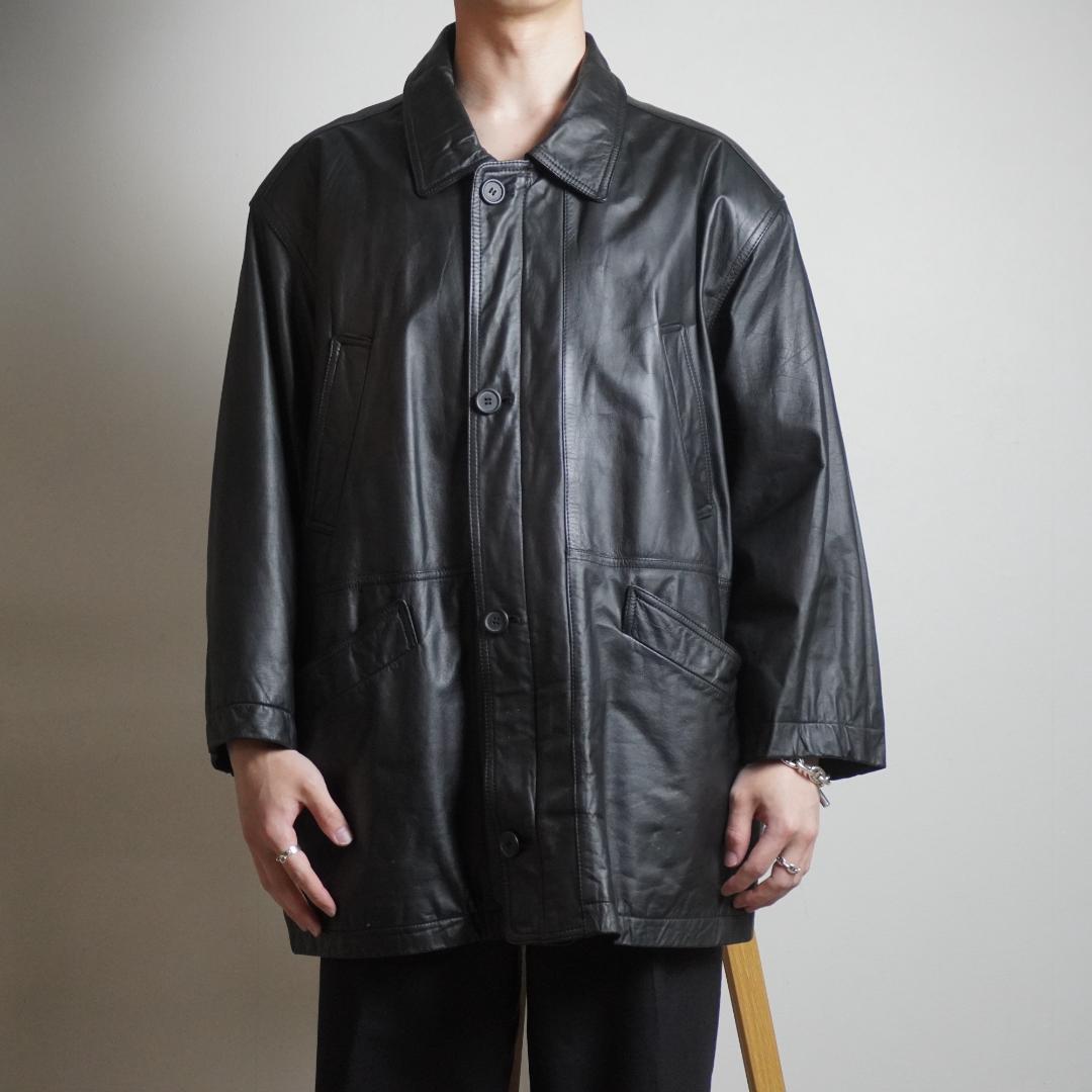 vintage レザージャケットコート 裏地キルティング ブラック/EZ81 ヴィンテージ】本革 レザーコート Lサイズ ブラック 羊革 キルティング