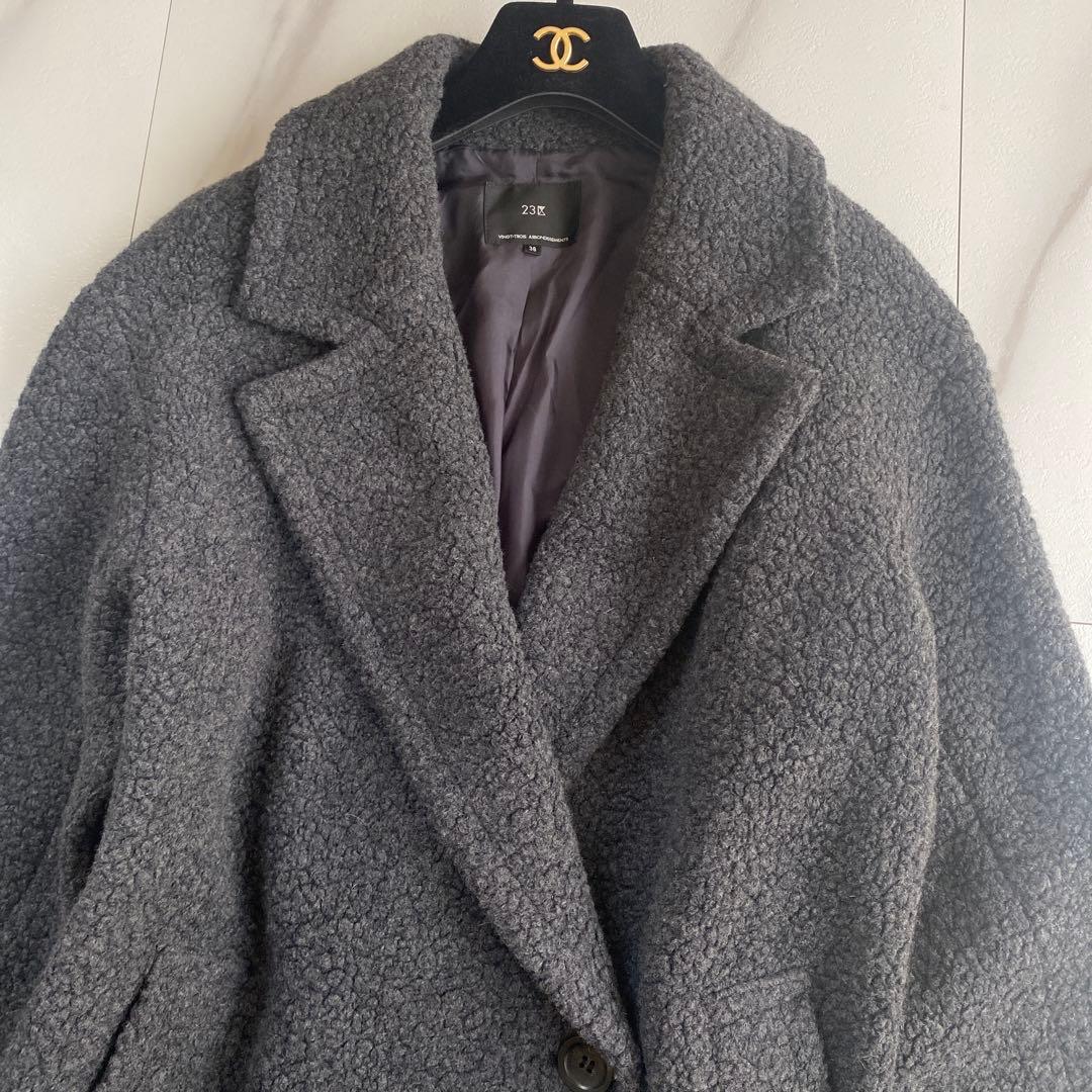 美品 23区 大人可愛い ボア ジャージー チェスター コート ロング グレー