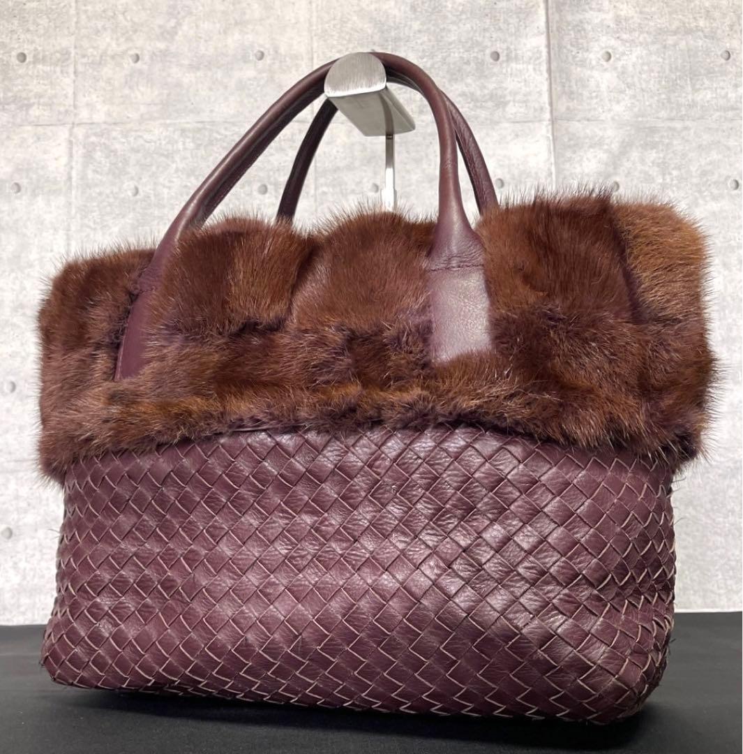 専用品FALORNI イントレチャート レザー×ファー ボルドー トートバッグ