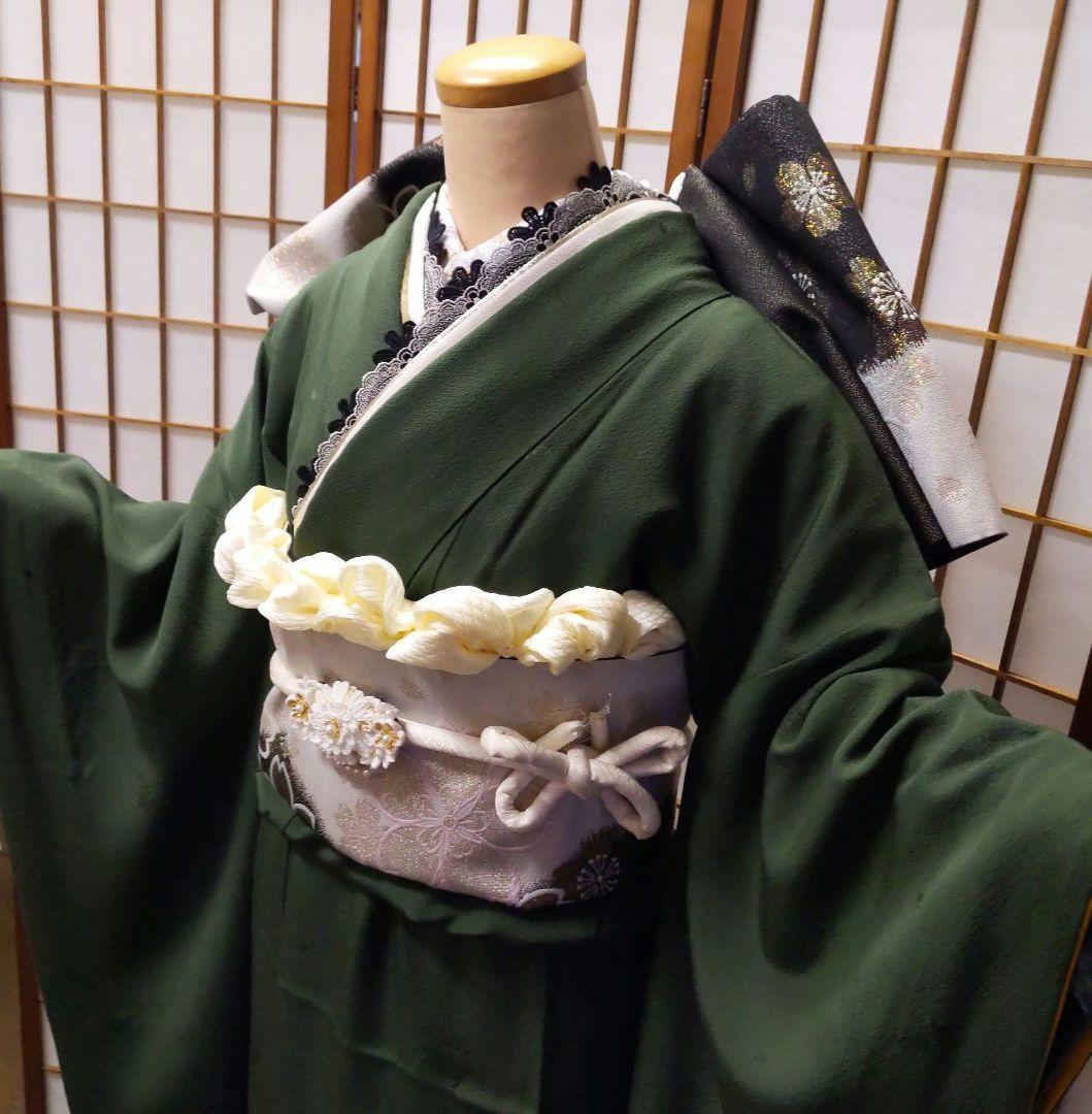 454【最終価格】無地モスグリーン【山本寛斎正絹振袖8点フルセット