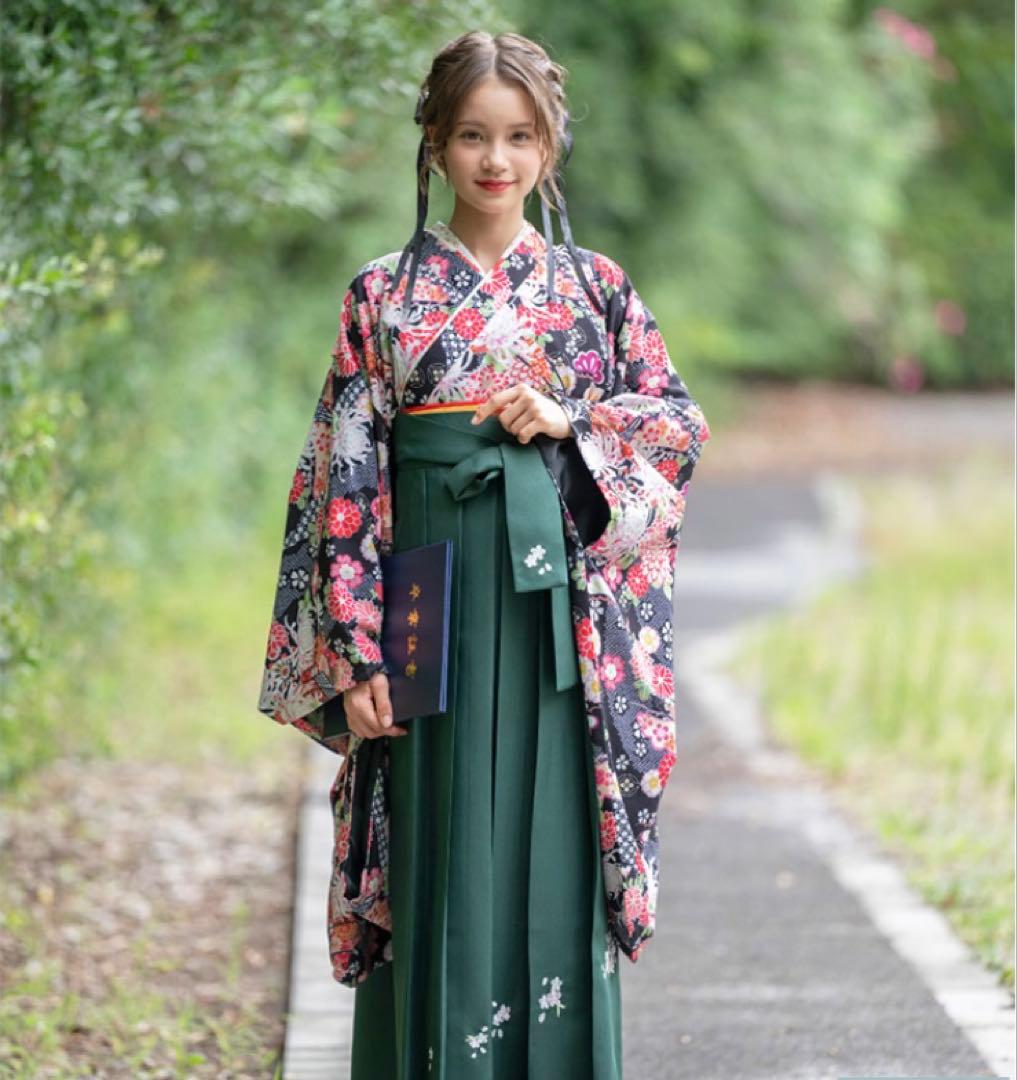 卒業式 キャサリンコテージ袴セット 肌襦袢付き 簡単着付け 華車黒×緑