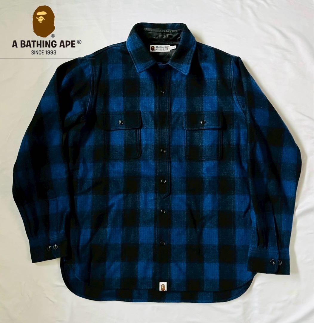 APE エイプ CPOシャツ ウール ブルー ブラック 長袖シャツ ネルシャツ EMMA CLOTHES（エマクローズ） シャツ 「セットアップ対応」ウール