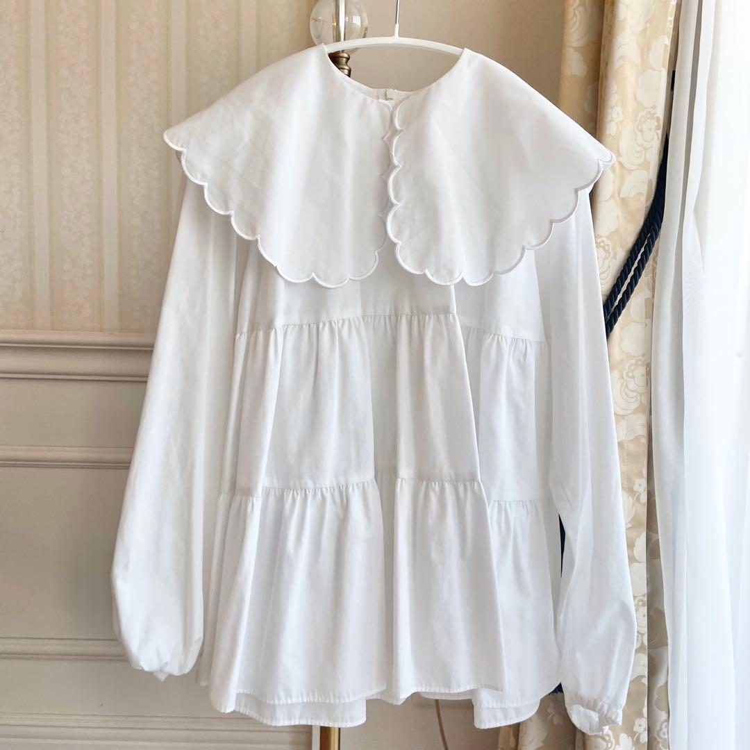 yori スカラップロングスリーブブラウス 白 Free