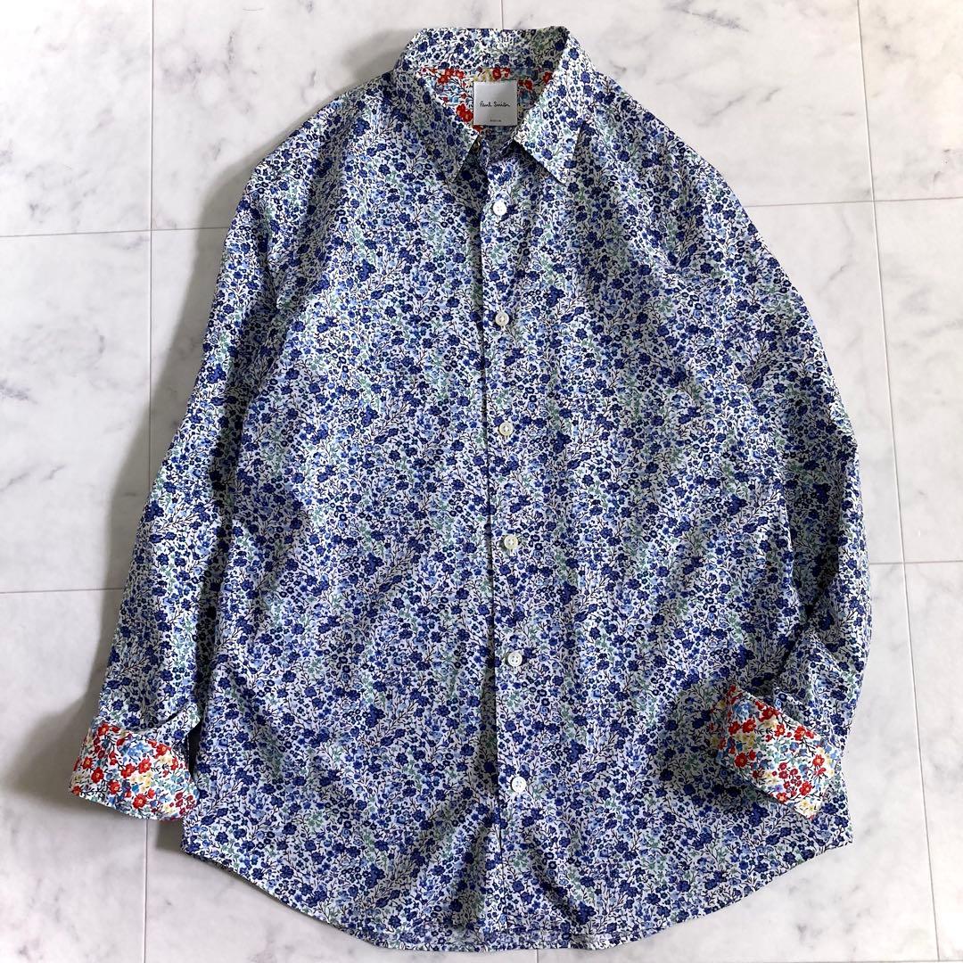 美品 ポールスミス 現行タグ 総柄 シャツ 花柄 長袖 M コットン ブルー