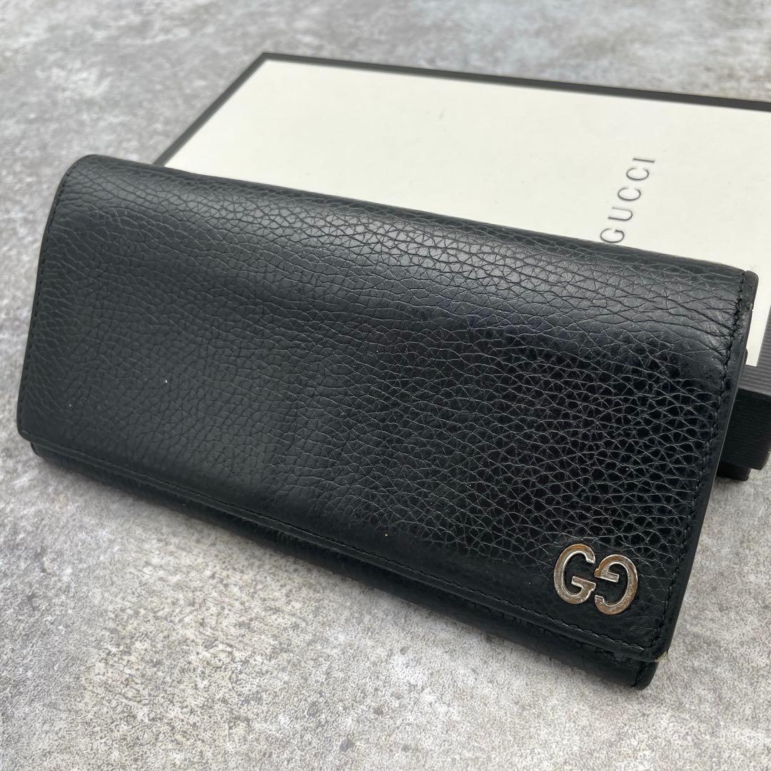 【美品】GUCCI グッチ　長財布　レザー　黒　ブラック　シボ革　折り財布 GUCCI（グッチ） 長財布 レザー 長札入れ ブラック 本革 札入れ 札入