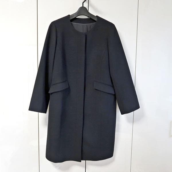 美品■レリアン■大きいサイズ13+■上品なノーカラーミディアム丈のコート■黒■ 美品□レリアン□大きいサイズ13+□上品なノーカラーミディアム丈の