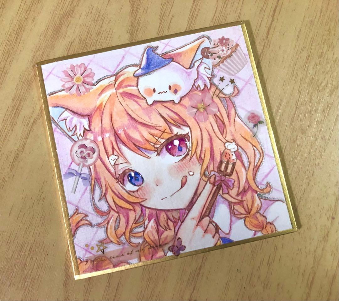 手描き イラスト 女の子 オリジナルイラスト スイーツ ケモ耳 色紙