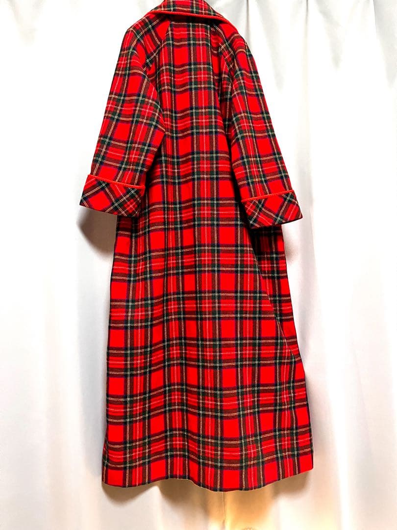 vintage マキシ丈タータンチェックウールロングコート 大きいサイズ