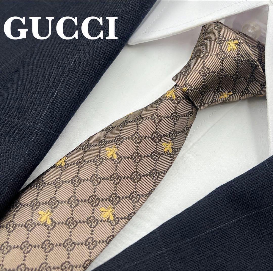美品】 GUCCI グッチ ネクタイ GG柄 蜂ハチ ブラウン系 高級シルク