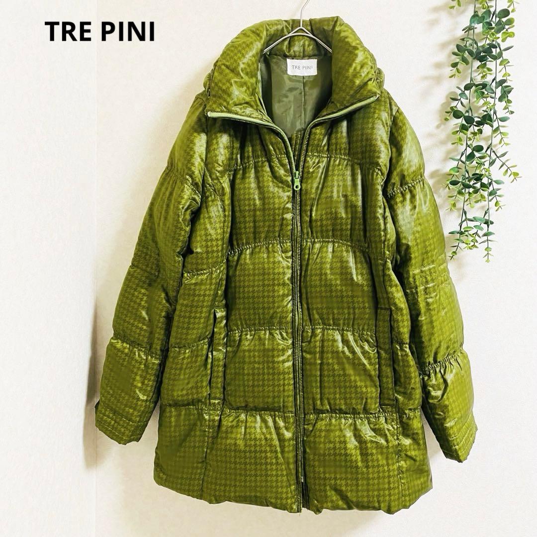 トレピニ ダウンコート XL グリーン 千鳥柄 ダウン フェザー 軽やか