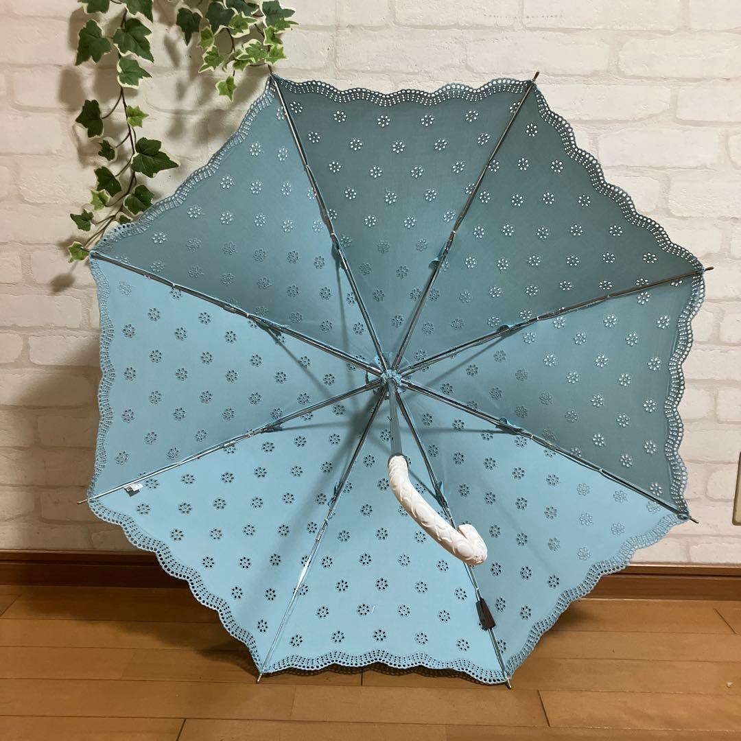 セリーヌ 日傘 長傘 水色レース 持ち手マカダム CELINE スライド傘