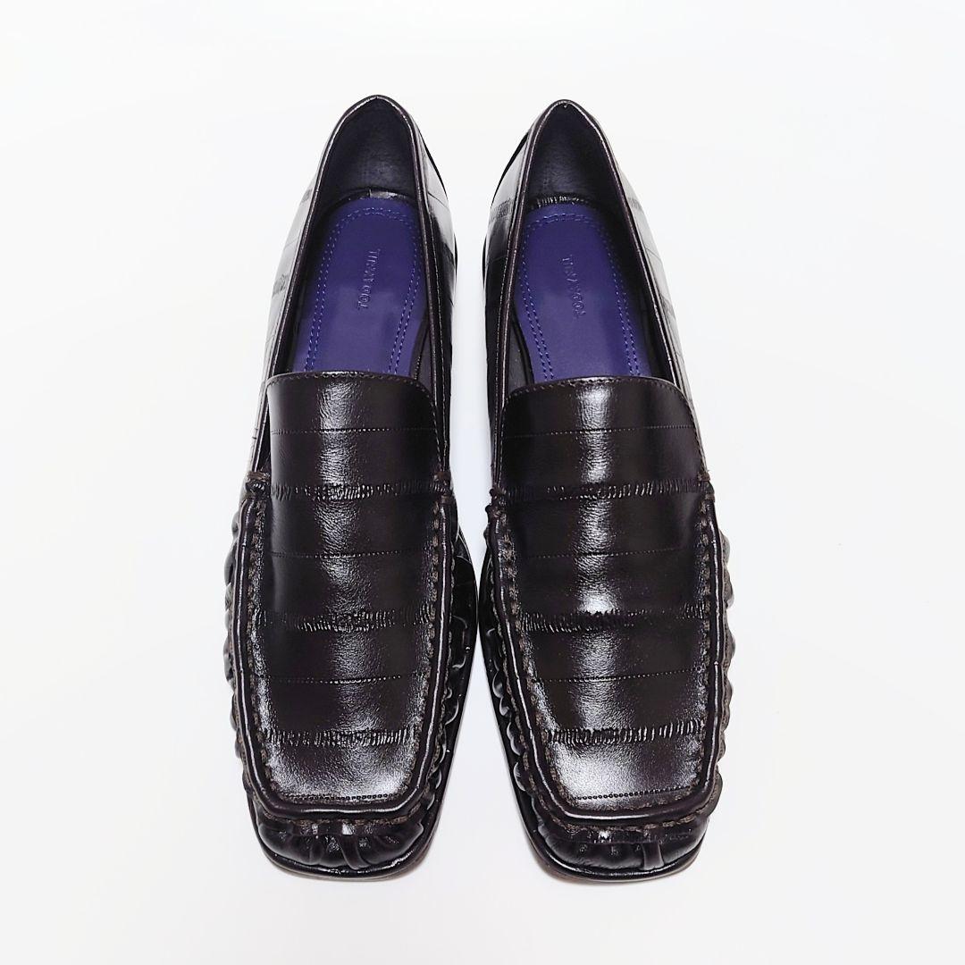 未使用 トゥデイフル スクエアトゥ ギャザー レザー ローファー