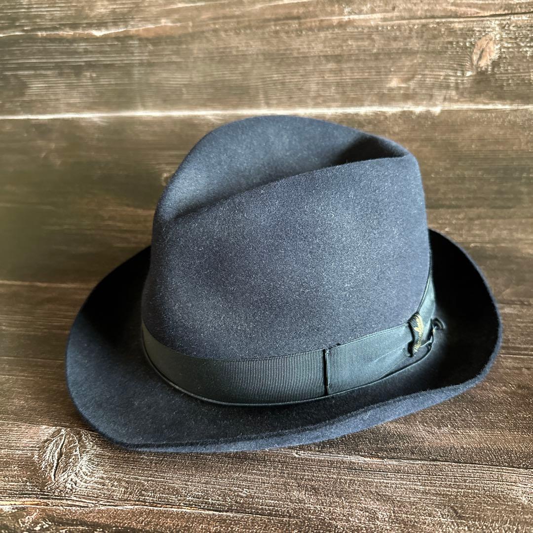 ボルサリーノ　ネイビー　ウール フェルトハット リボン　イタリア製　60cm Borsalino（ボルサリーノ） QS「Umberto Charlait」ファー フェルト