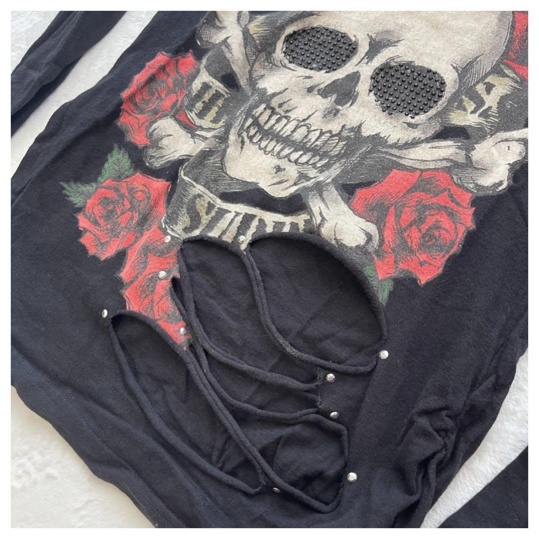 y2k 平成ギャル ドクロ スカル 英字 ロック ダメージ 長袖 トップス